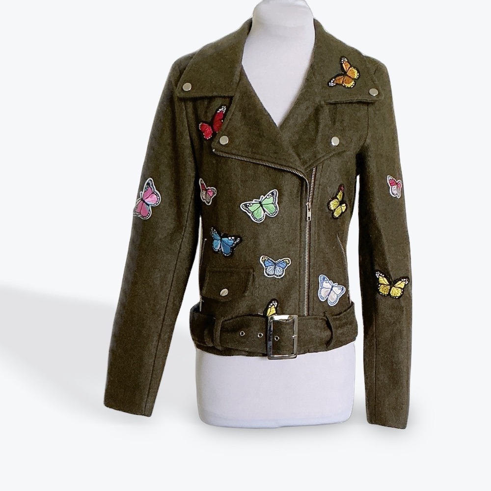 Signature Eight Butterfly Embroidered Moto Jacket Olive Green Wool Biker Small - Picture 2 of 13